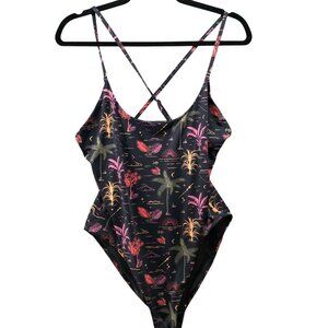 Marine Layer One Piece Swimsuit Womens XL Black Palm Print Cross Back Wizard